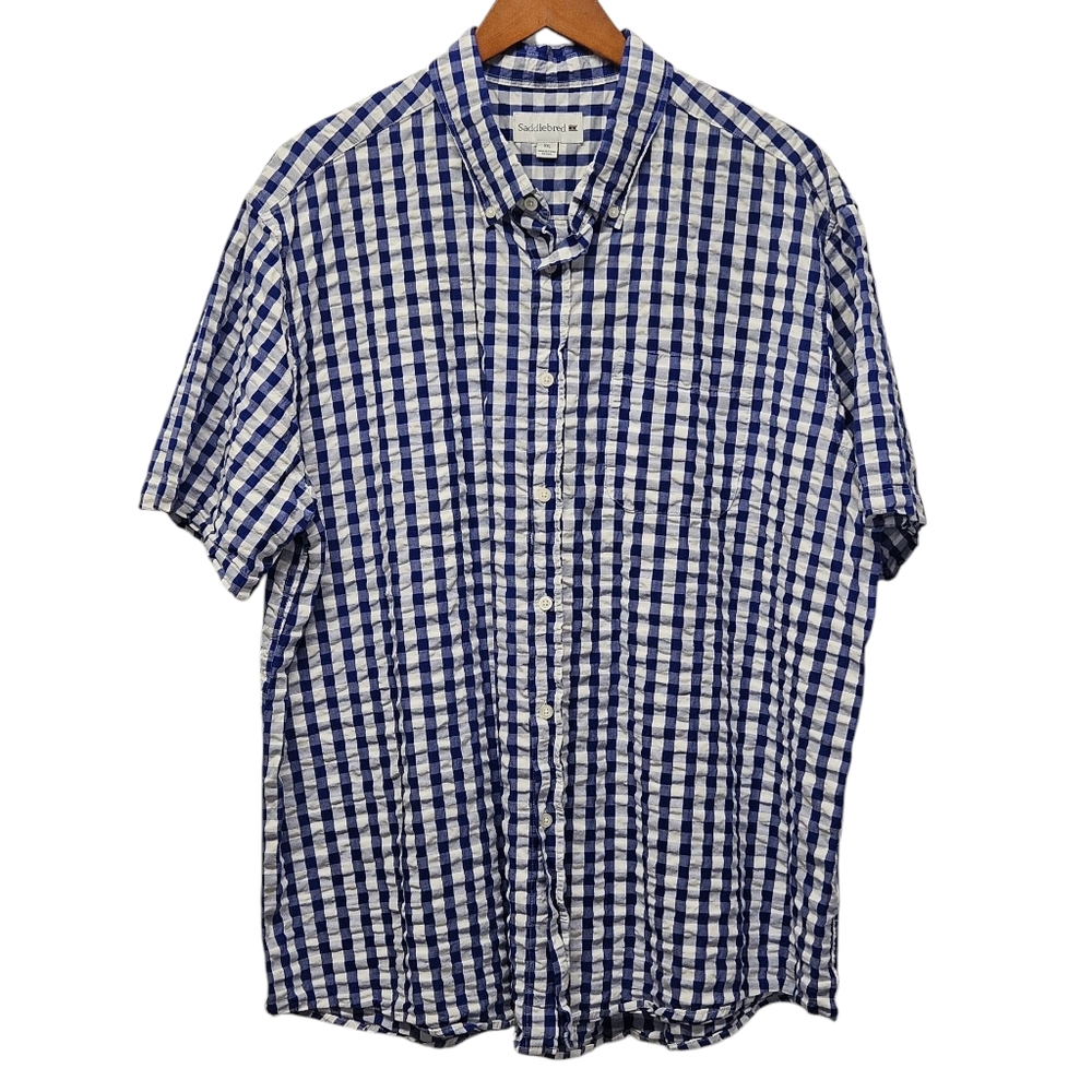 Men's XXL Navy Blue White Gingham Seersucker Short Sleeve Button Down Shirt
